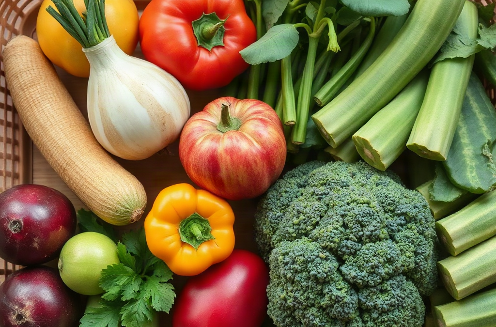 Organic and conventional produce arranged side by side in a grocery basket